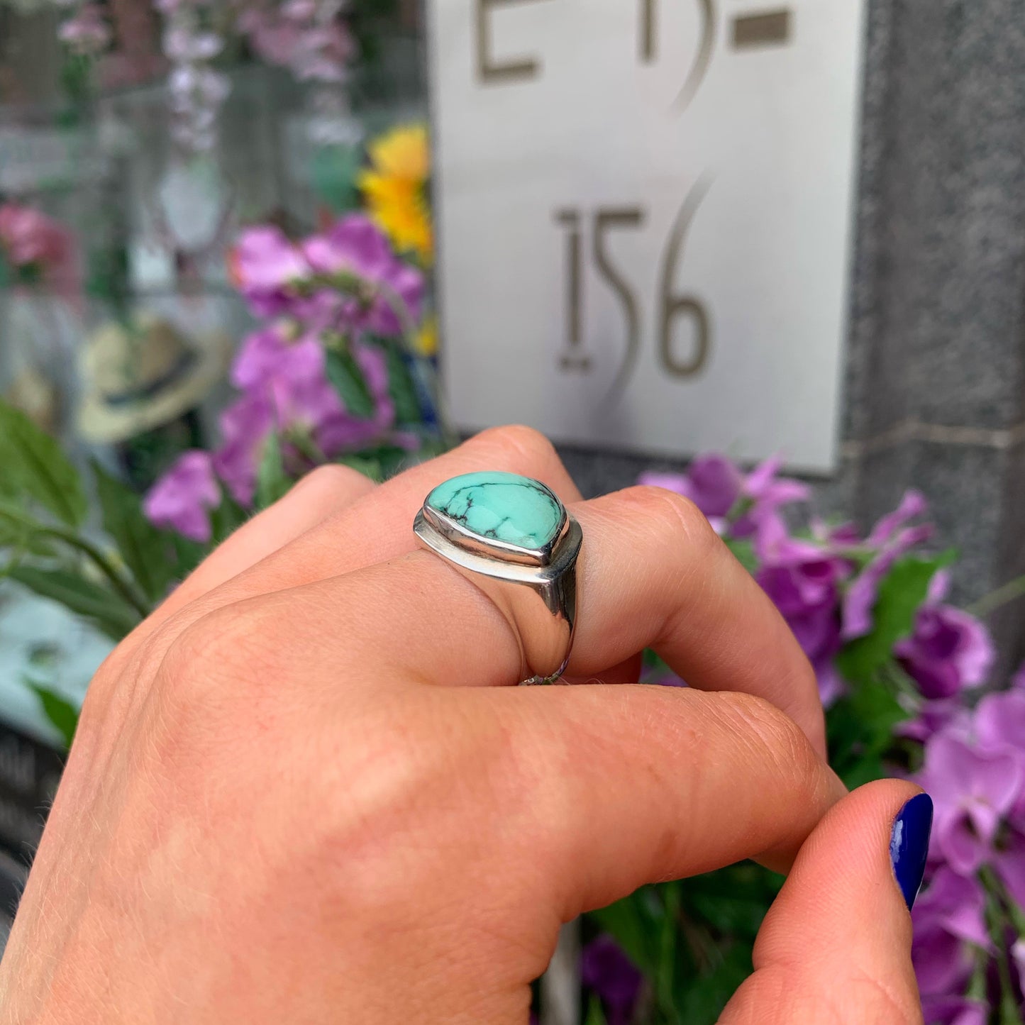 Statement Sterling Silver Abstract Sea Foam Turquoise Ring - SIZE O