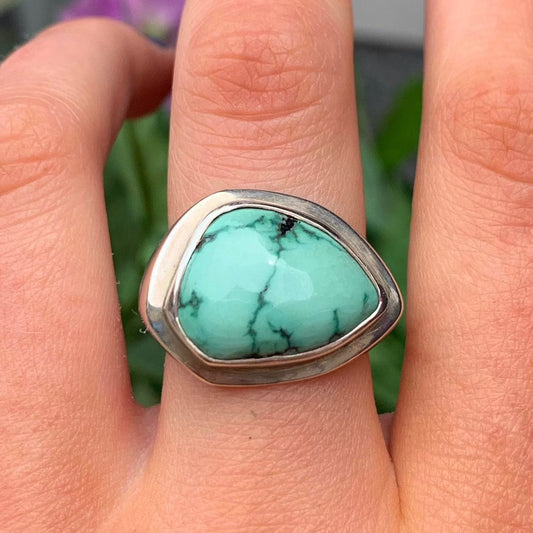 Statement Sterling Silver Abstract Sea Foam Turquoise Ring - SIZE O