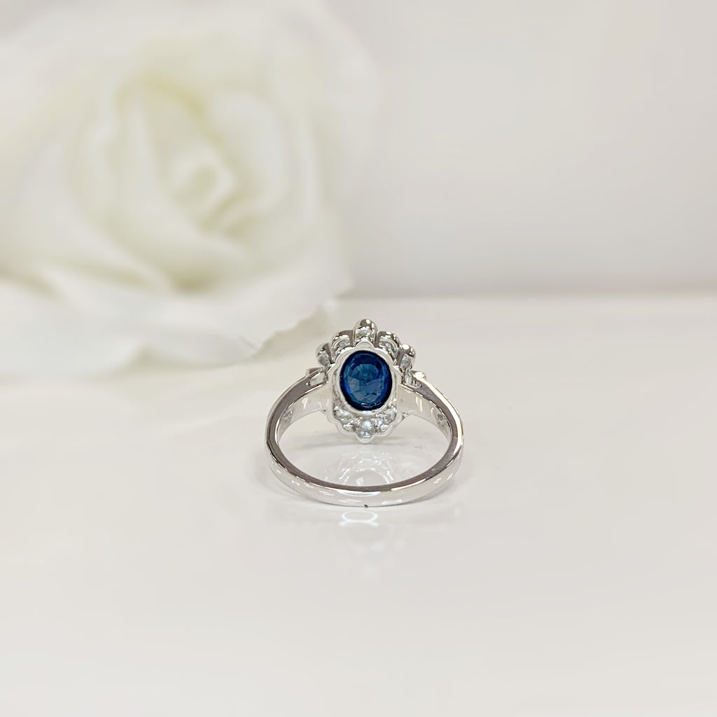 Art Deco Reproduction Sapphire and Diamond 18ct White Gold Ring | Size O