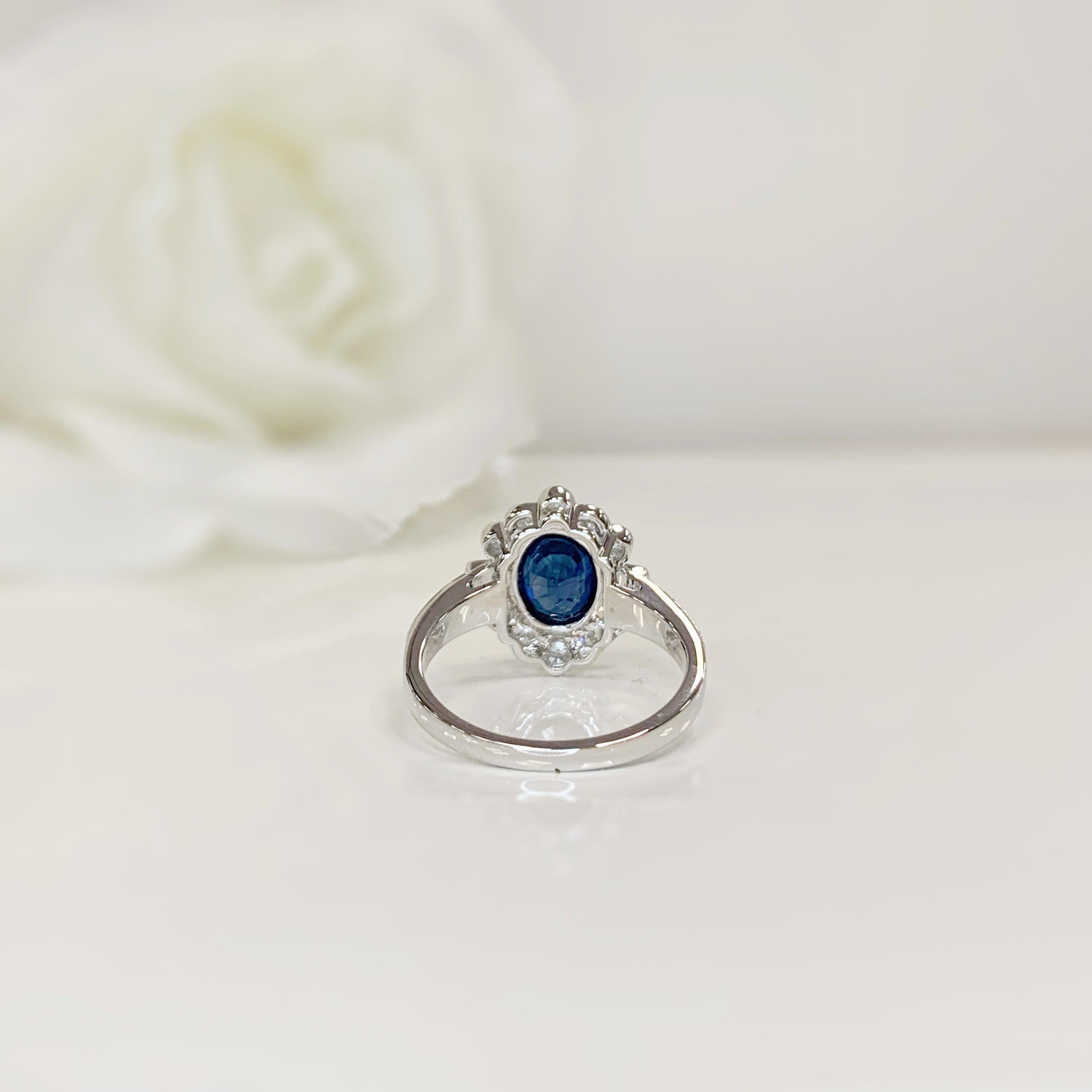 Art Deco Reproduction Sapphire and Diamond 18ct White Gold Ring | Size O
