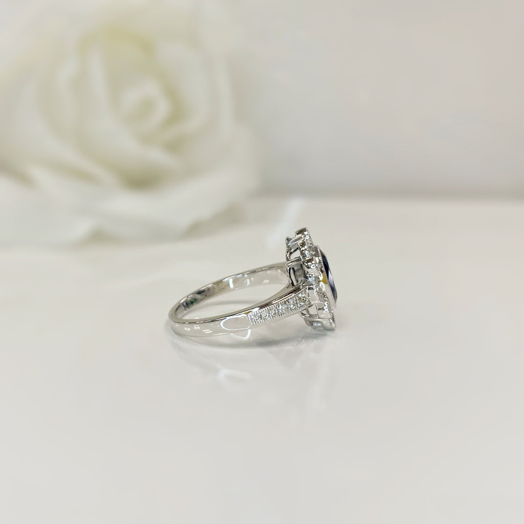 Art Deco Reproduction Sapphire and Diamond 18ct White Gold Ring | Size O