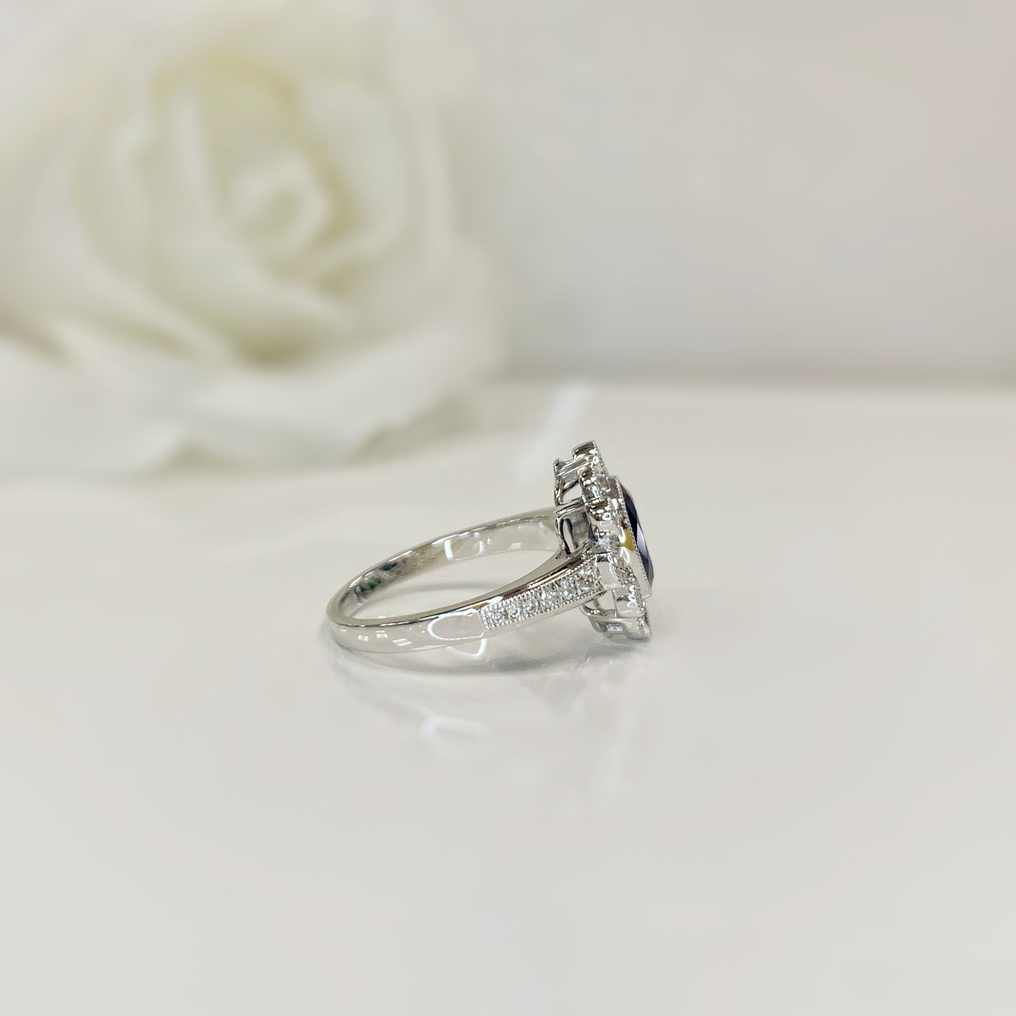Art Deco Reproduction Sapphire and Diamond 18ct White Gold Ring | Size O