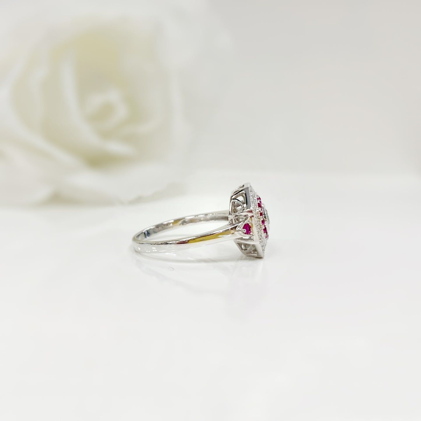 Art Deco Reproduction Ruby and Diamond Halo Cluster Ring - SIZE N1/2