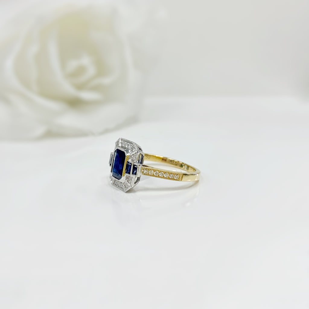 Art Deco Reproduction 18ct Yellow Gold Sapphire and Diamond Ring