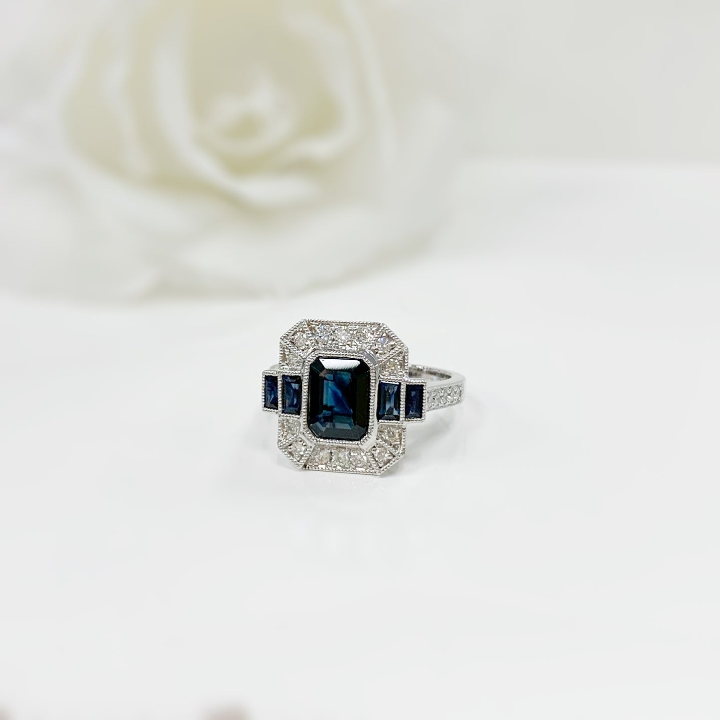 Art Deco Reproduction Magnificent 18ct White Gold Sapphire and Diamond Cocktail Ring - SIZE M 1/2