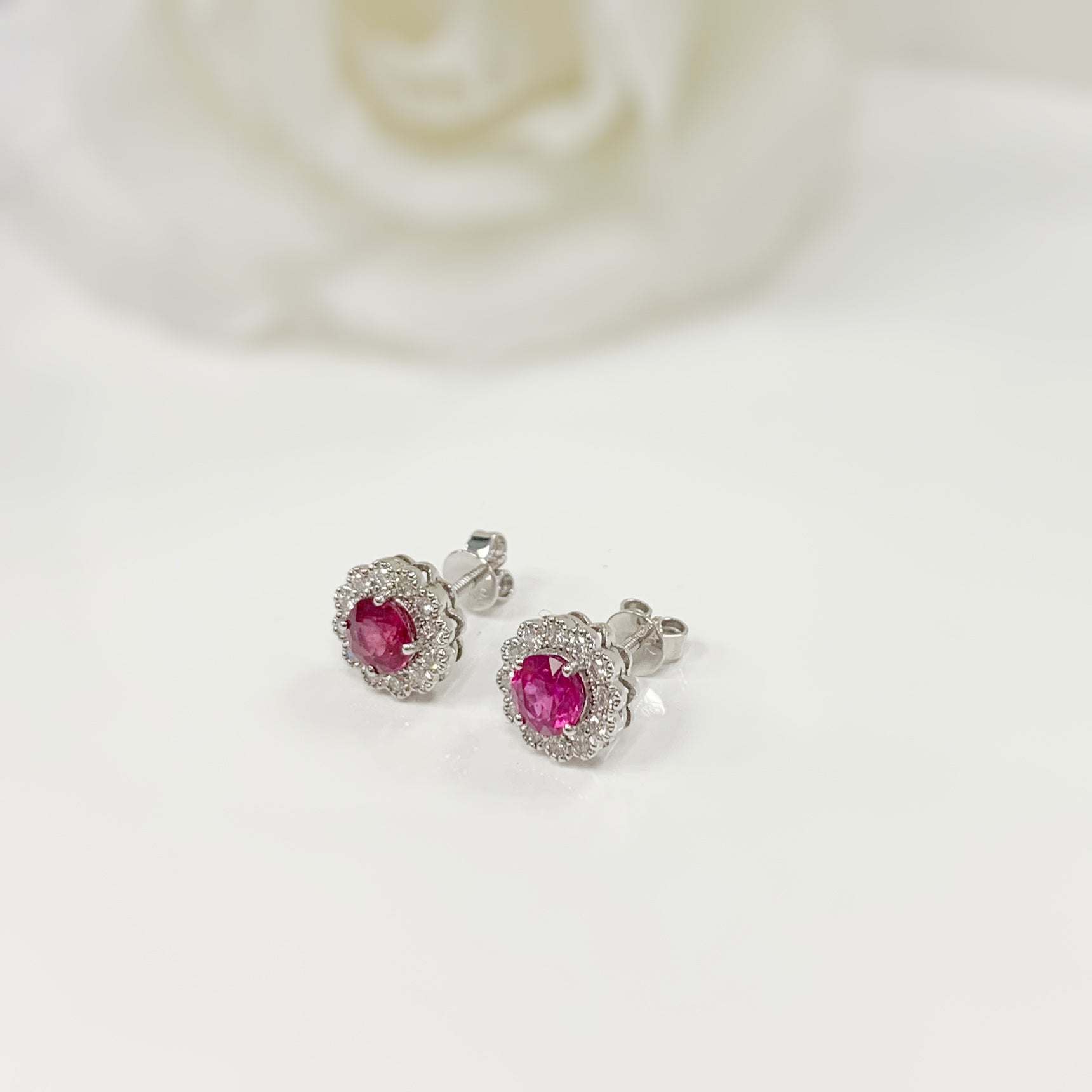 Ruby and Diamond 18ct White Gold Halo Stud Earrings