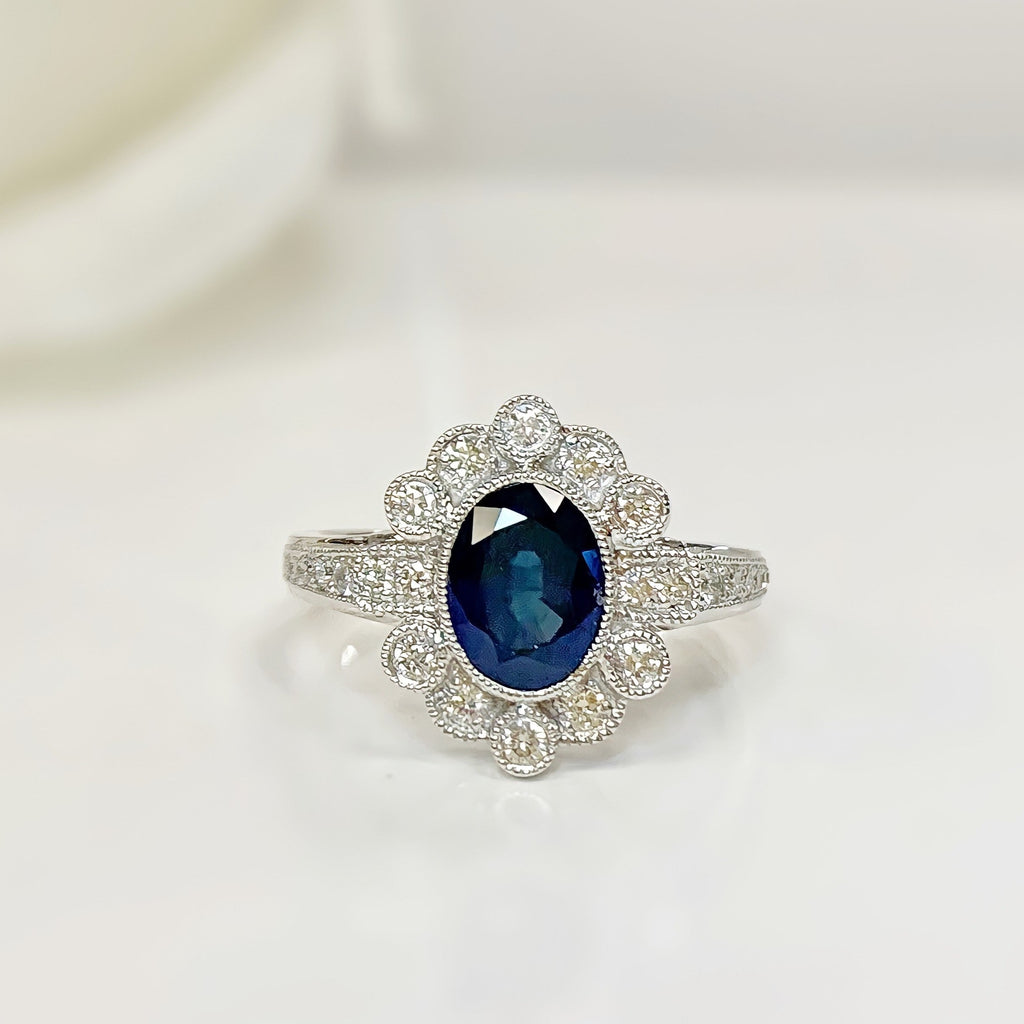 Art Deco Reproduction Sapphire and Diamond 18ct White Gold Ring | Size O