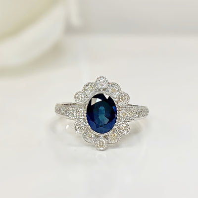 Art Deco Reproduction Sapphire and Diamond 18ct White Gold Ring | Size O