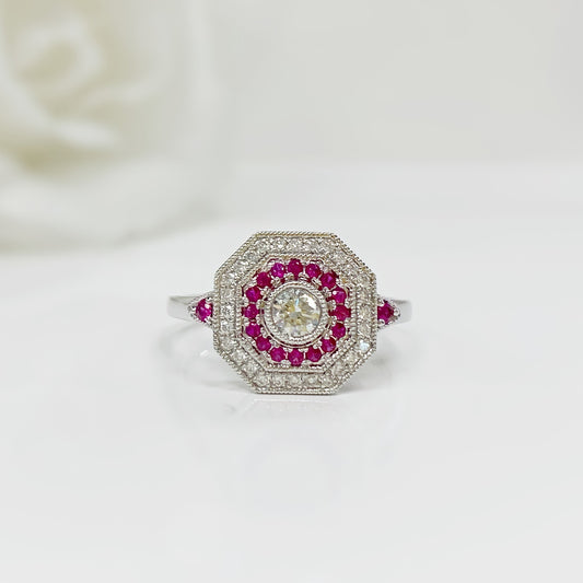 18ct White Gold Art Deco Reproduction Ruby and Diamond Halo Cluster Ring - Size N 1/2