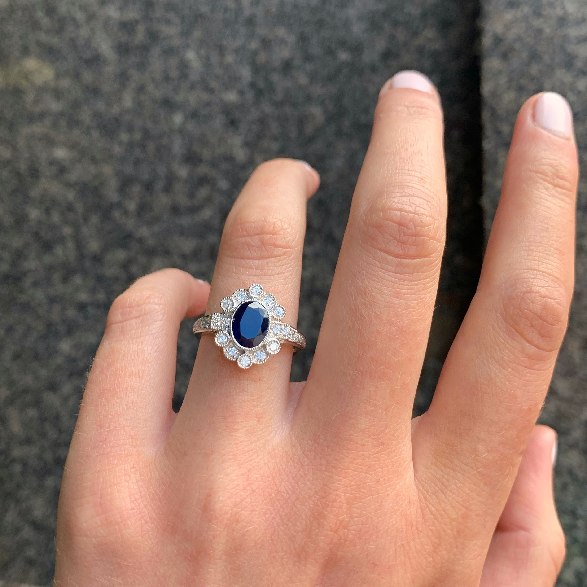 Art Deco Reproduction Sapphire and Diamond 18ct White Gold Ring | Size O