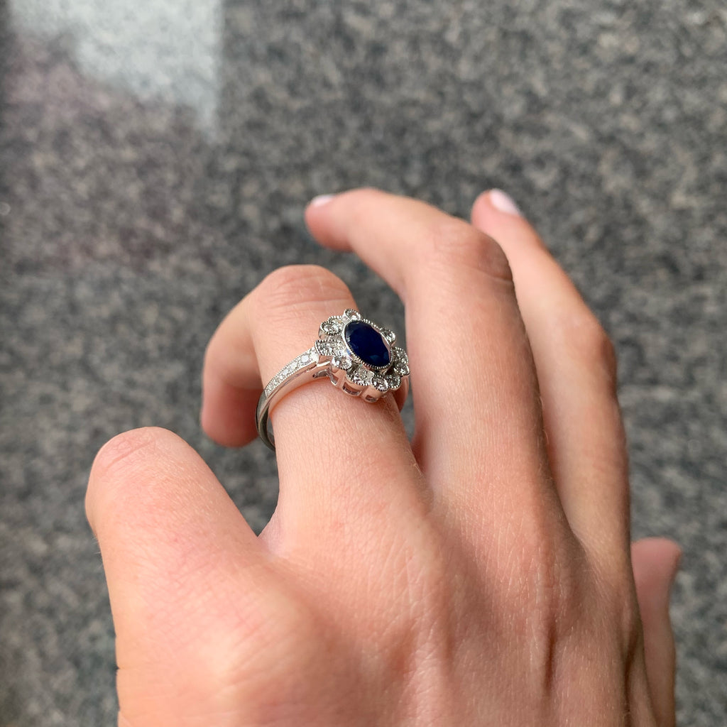 Art Deco Reproduction Sapphire and Diamond 18ct White Gold Ring | Size O