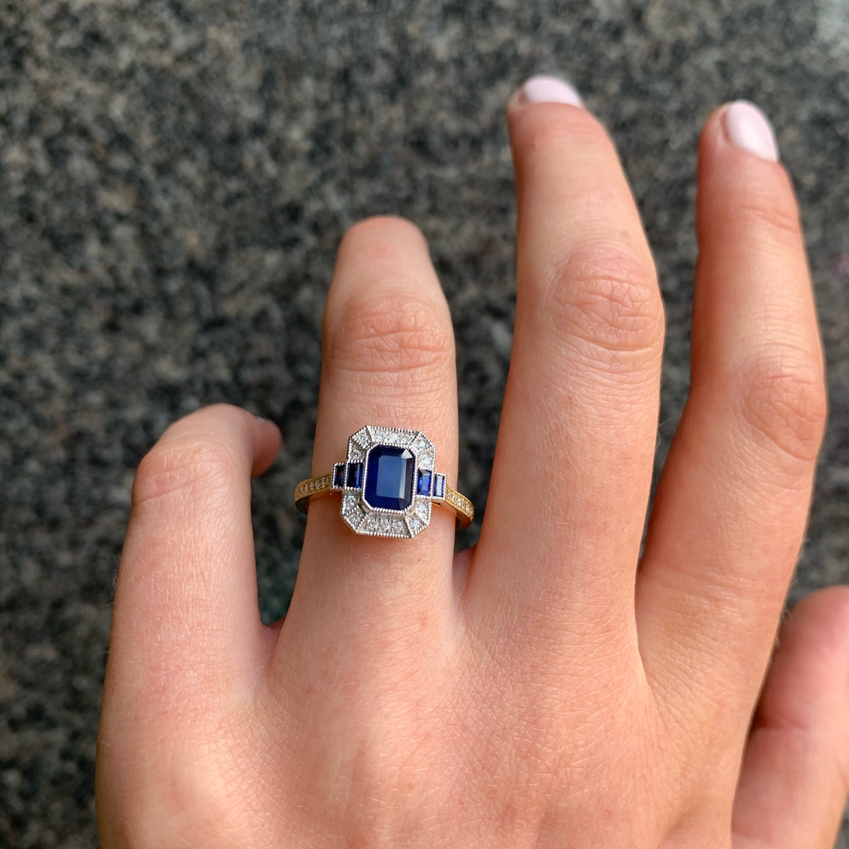 Art Deco Reproduction 18ct Yellow Gold Sapphire and Diamond Ring