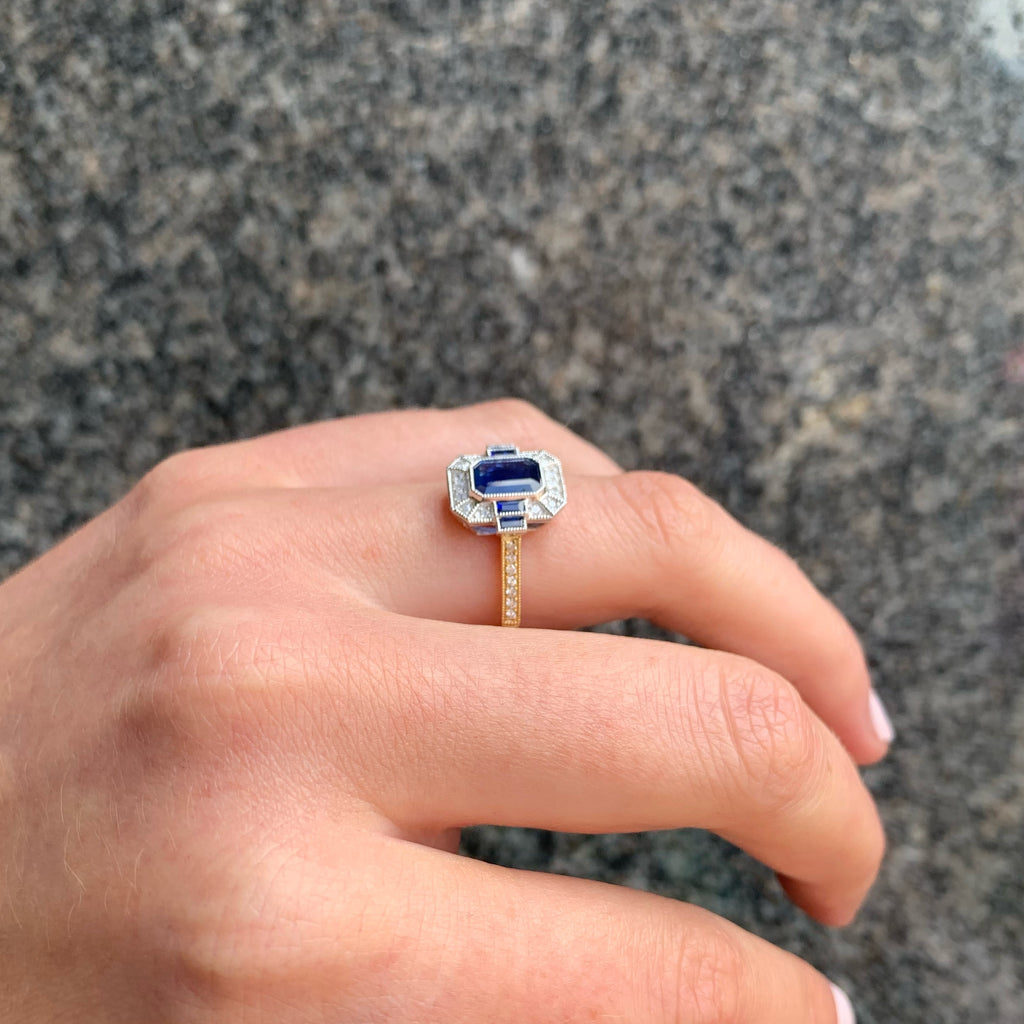 Art Deco Reproduction 18ct Yellow Gold Sapphire and Diamond Ring