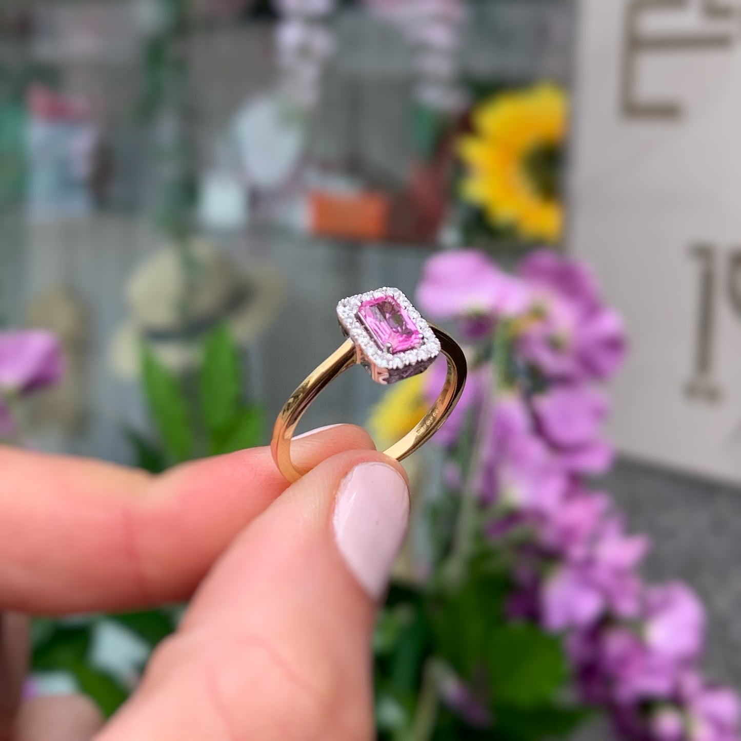 Sweet 18ct Yellow Gold Pink Sapphire and Diamond Ring - SIZE N1/2