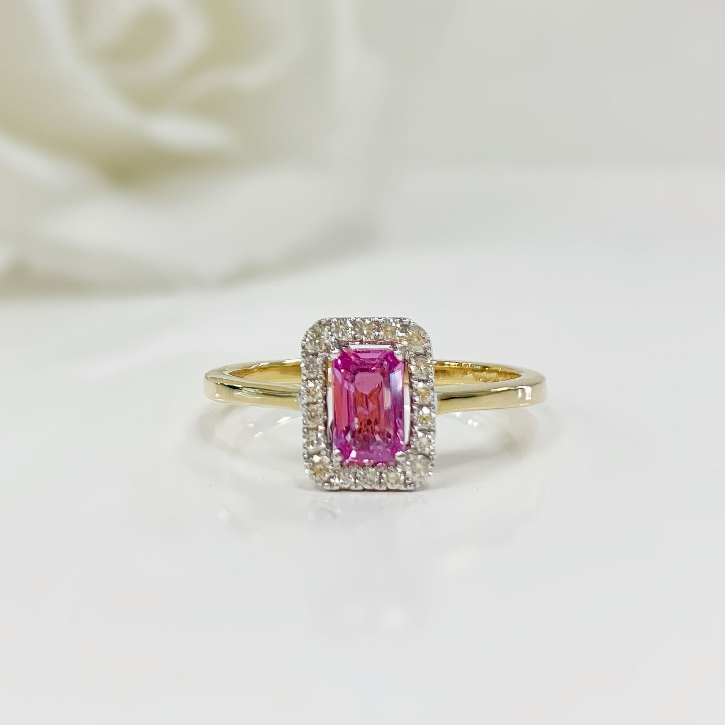 Sweet 18ct Yellow Gold Pink Sapphire and Diamond Ring - SIZE N1/2