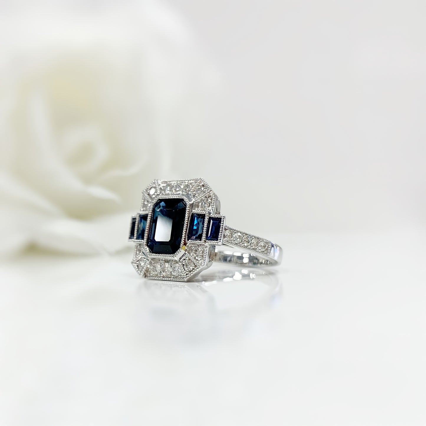 Art Deco Reproduction Magnificent 18ct White Gold Sapphire and Diamond Cocktail Ring - SIZE M 1/2