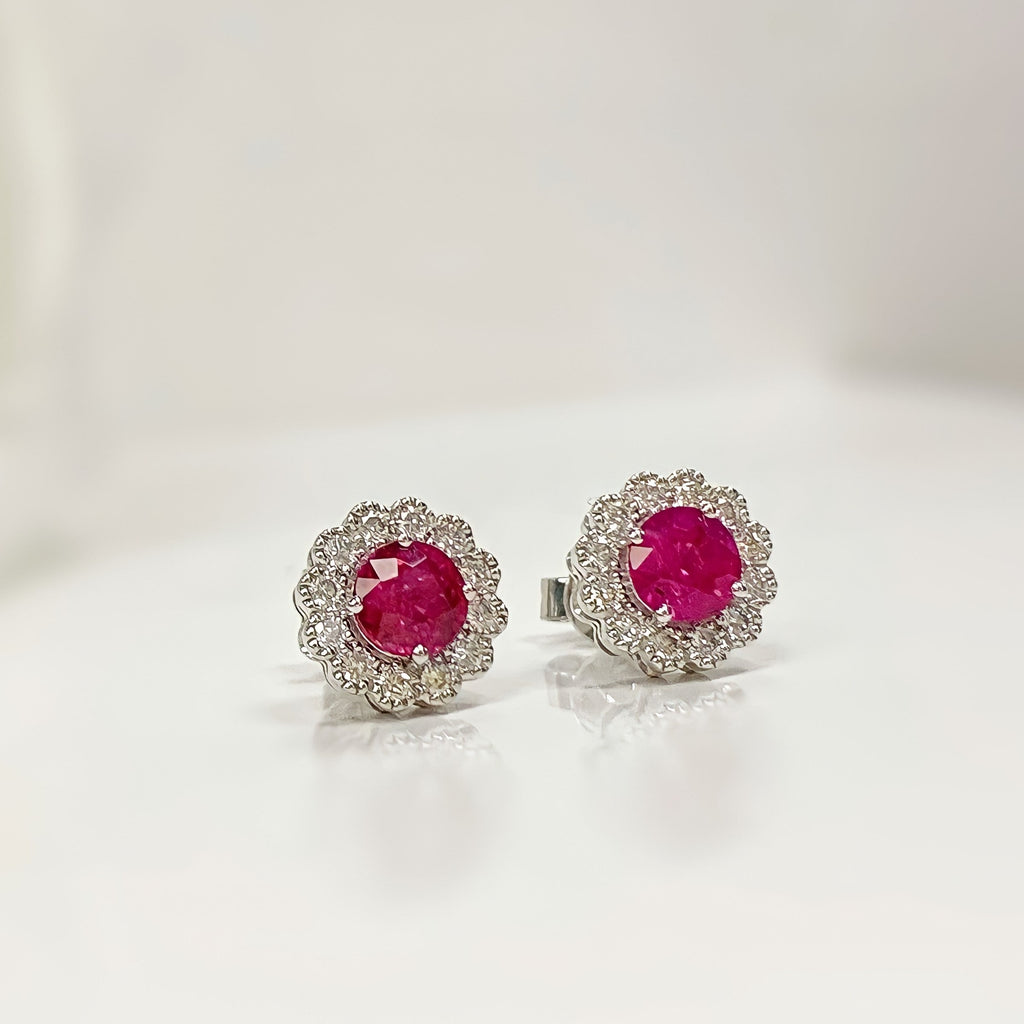 Ruby and Diamond 18ct White Gold Halo Stud Earrings