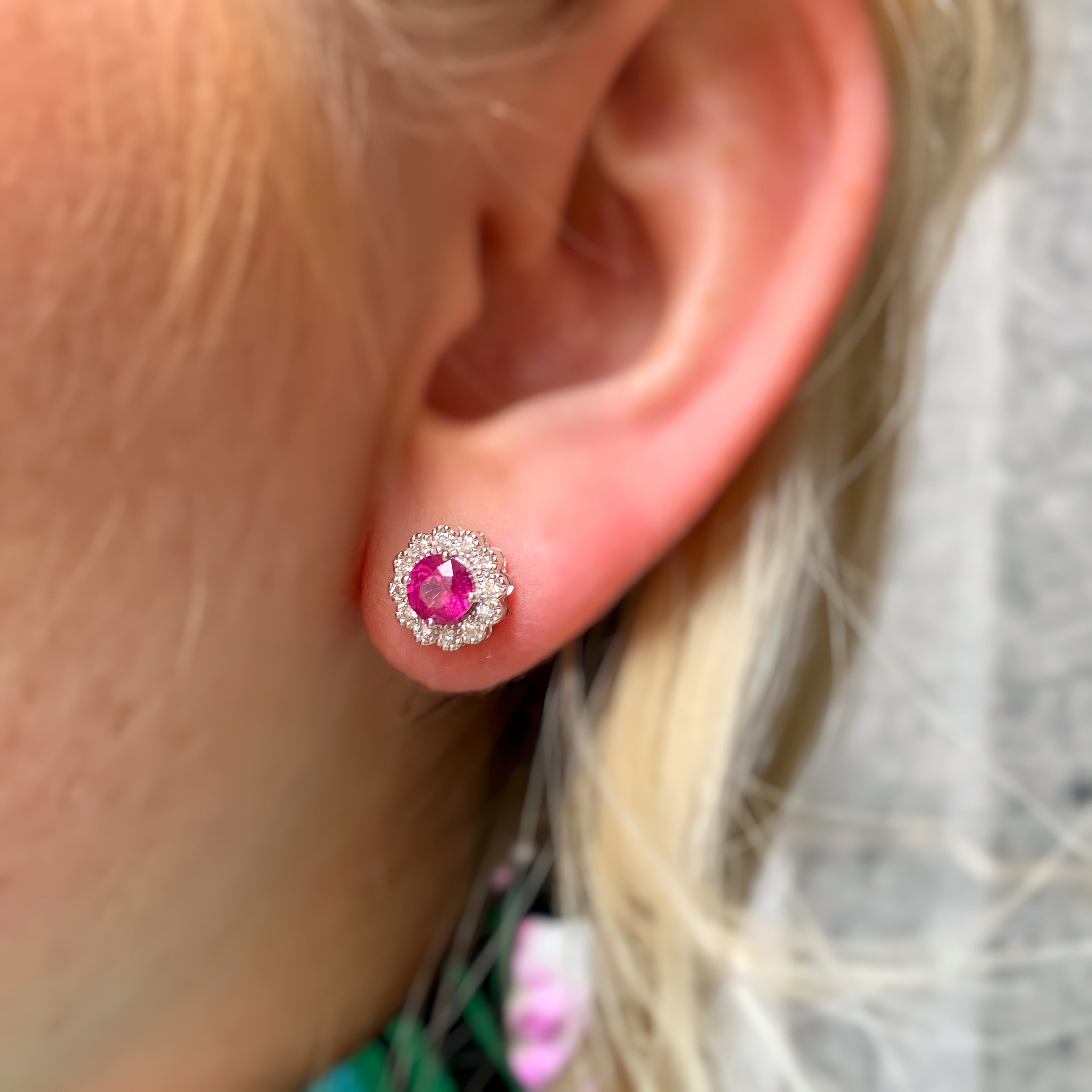 Ruby and Diamond 18ct White Gold Halo Stud Earrings