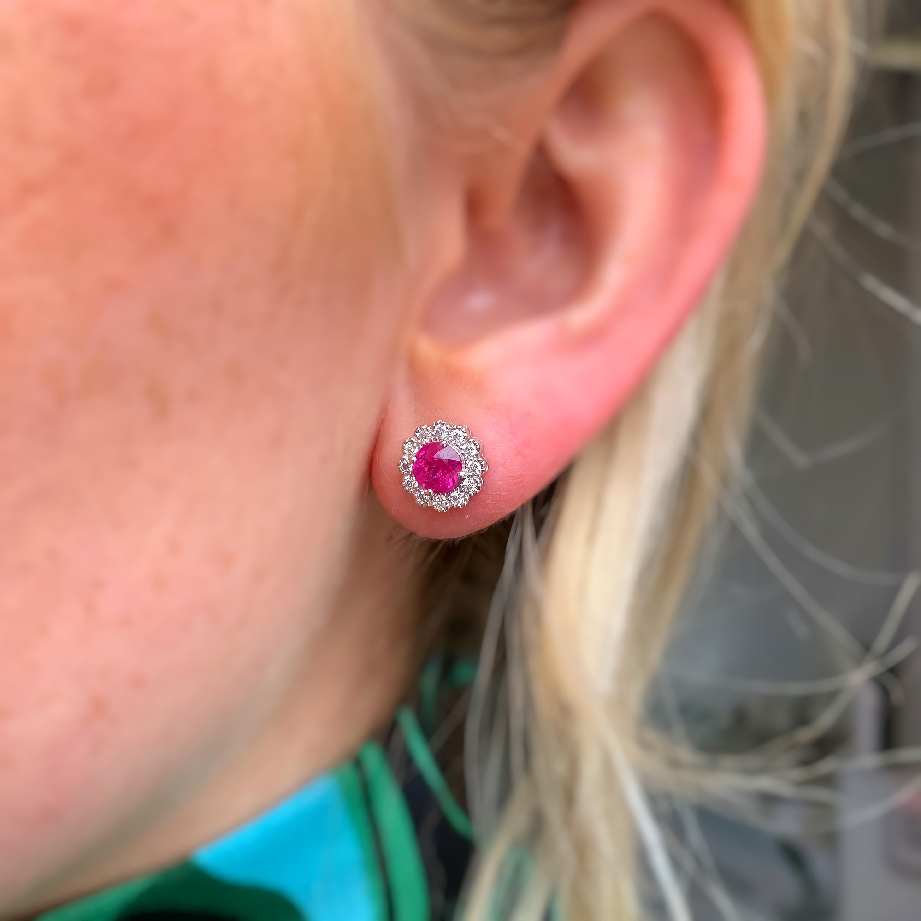 Ruby and Diamond 18ct White Gold Halo Stud Earrings