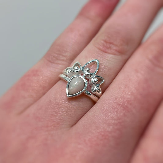 Sterling Silver Opal Lotus Flower Ring - Size J 1/2