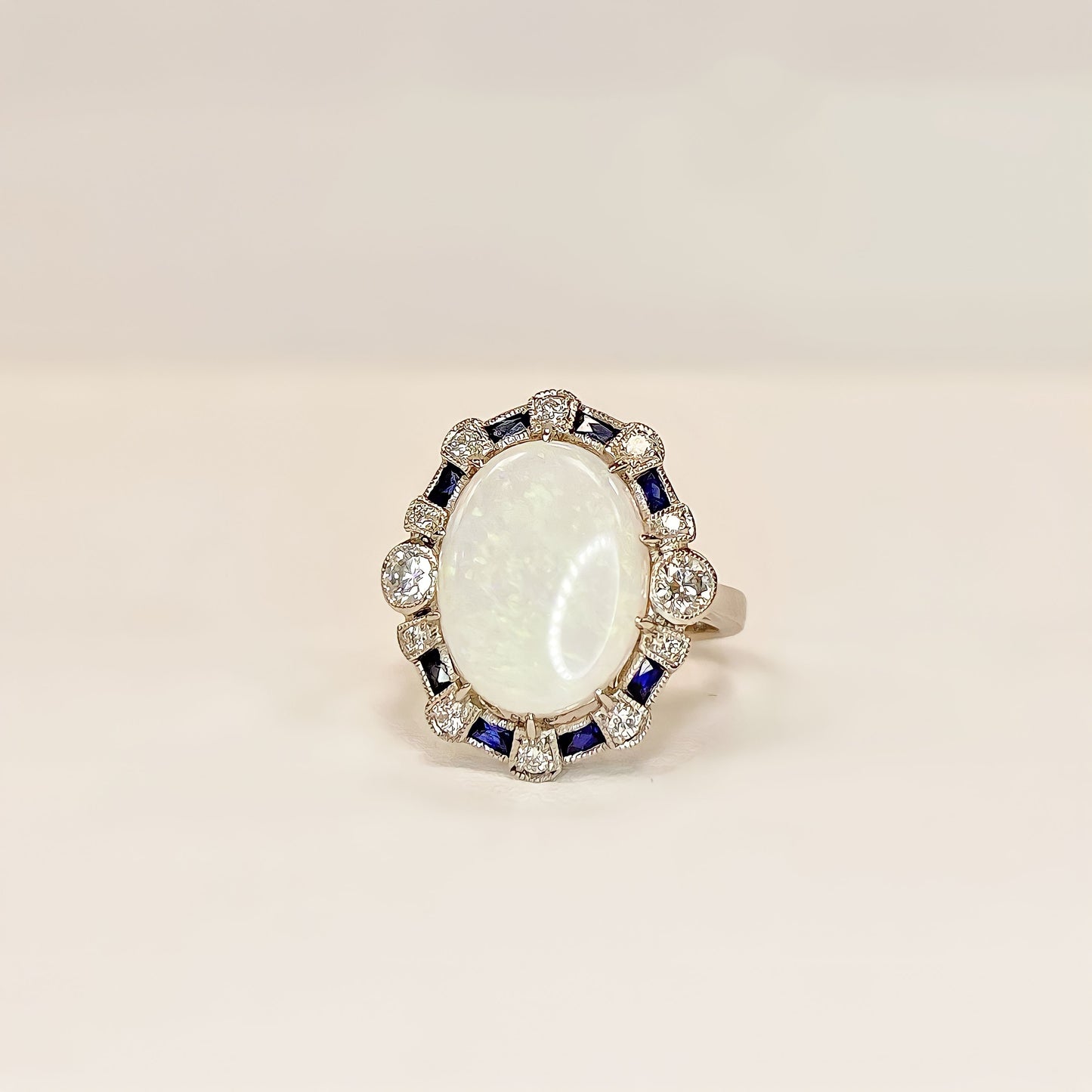 18ct White Gold Opal, Sapphire and Diamond Art Deco Reproduction Ring - Size N 1/2