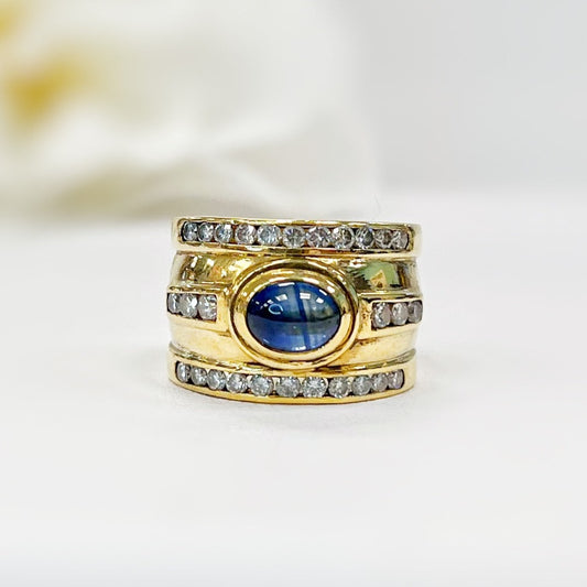 Vintage 18ct Yellow Gold Star Sapphire and Diamond Ring - Size I