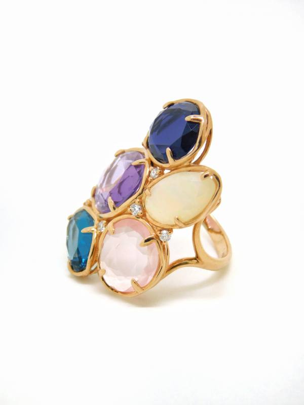 Peroni & Parise 14ct Rose Gold Rose Quartz, Iolite, Amethyst, Topaz, Opal and Diamond Ring