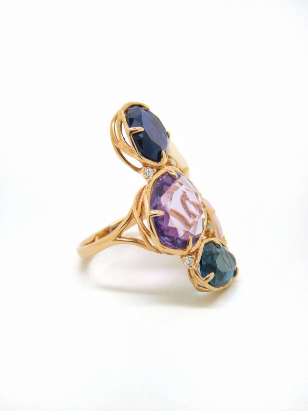 Peroni & Parise 14ct Rose Gold Rose Quartz, Iolite, Amethyst, Topaz, Opal and Diamond Ring