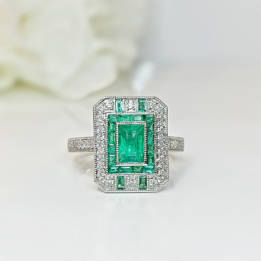 18ct White Gold Art Deco Reproduction Emerald And Diamond Ring – SIZE O