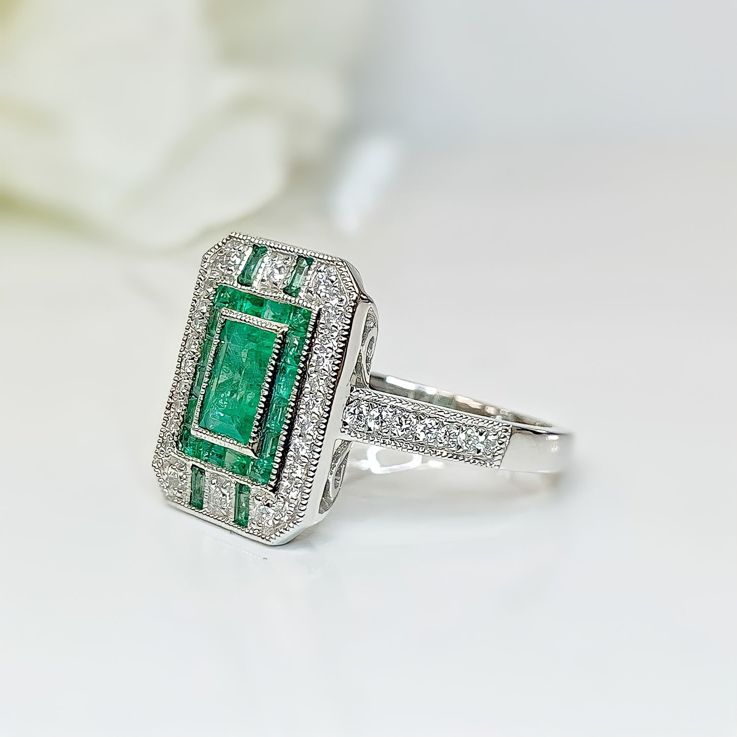 18ct White Gold Art Deco Reproduction Emerald And Diamond Ring – SIZE O