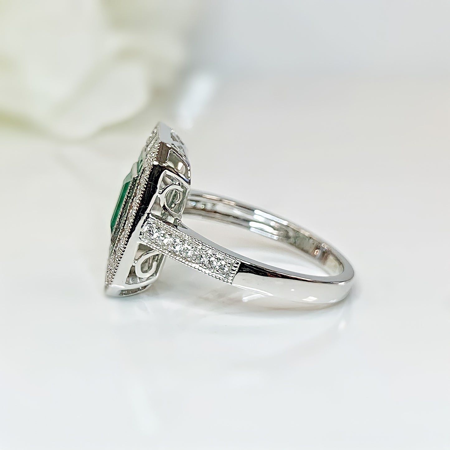 18ct White Gold Art Deco Reproduction Emerald And Diamond Ring – SIZE O