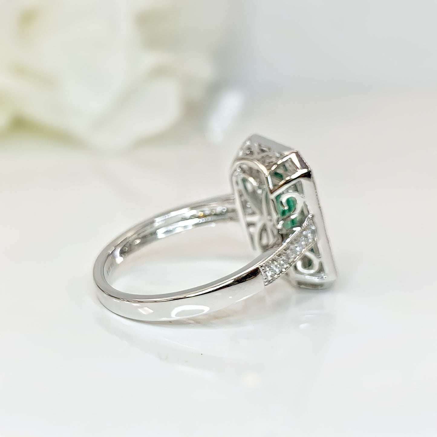 18ct White Gold Art Deco Reproduction Emerald And Diamond Ring – SIZE O