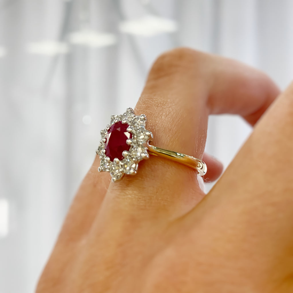 18ct Yellow Gold Ruby And Diamond Halo Ring