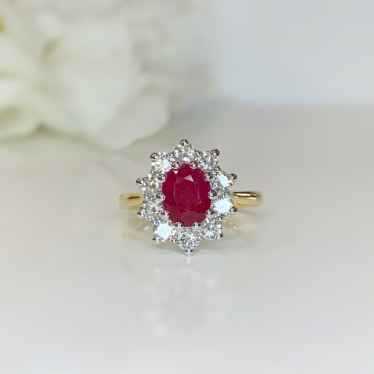 18ct Yellow Gold Ruby And Diamond Halo Ring