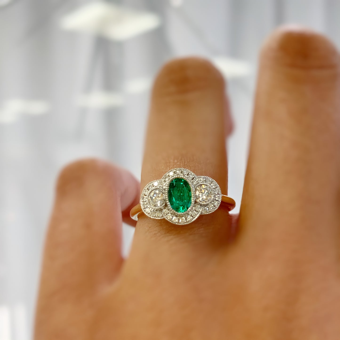 18ct Yellow Gold Art Deco Inspired Emerald And Diamond Ring - SIZE N