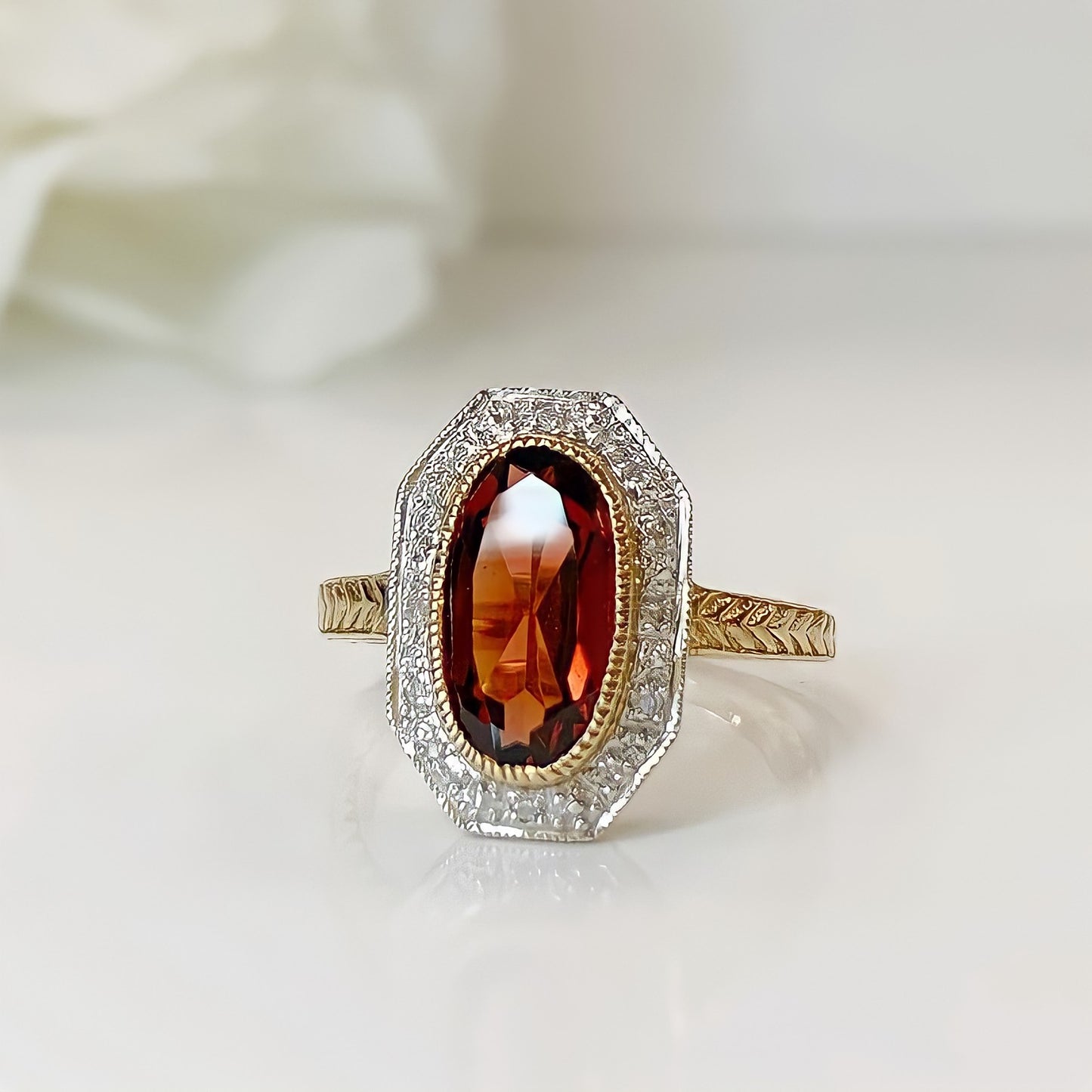 Art Deco Inspired 9ct Yellow Gold Garnet and Diamond Ring - SIZE L 1/2