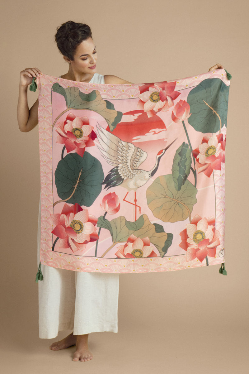 Tasselled 100% Silk Crane at Sunrise in Petal Scarf | Powder Accessories