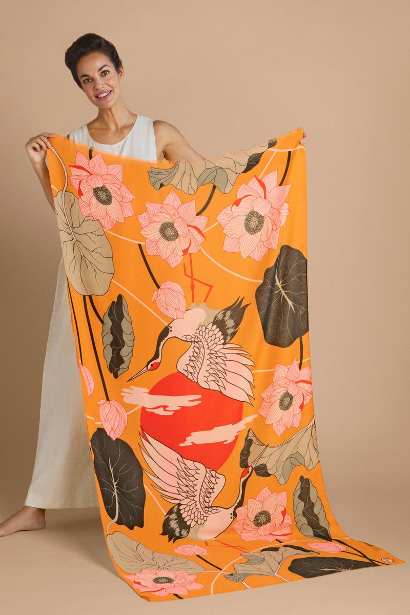 Printed Crane at Sunrise - Mustard Scarf | Powder Accessories