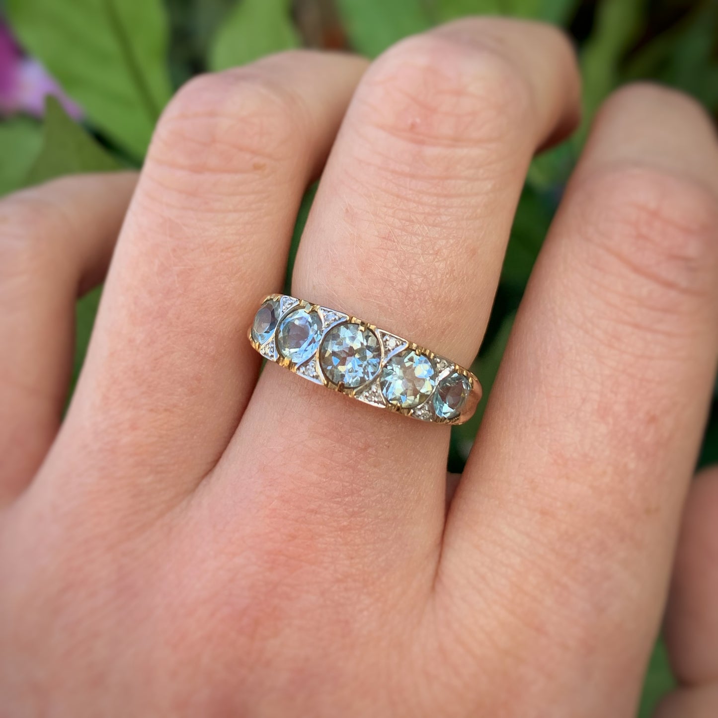 Edwardian Inspired 9ct Yellow Gold Aquamarine and Diamond Ring- SIZE M