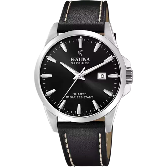 Gent's Festina Stainless Steel Black Leather Strap Watch