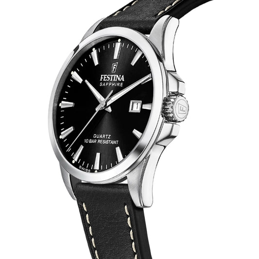 Gent's Festina Stainless Steel Black Leather Strap Watch