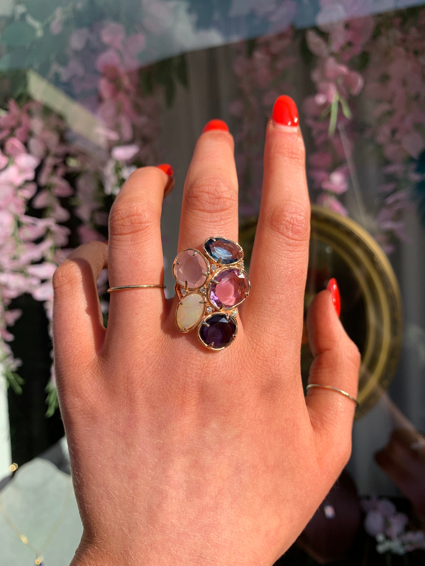 Peroni & Parise 14ct Rose Gold Rose Quartz, Iolite, Amethyst, Topaz, Opal and Diamond Ring