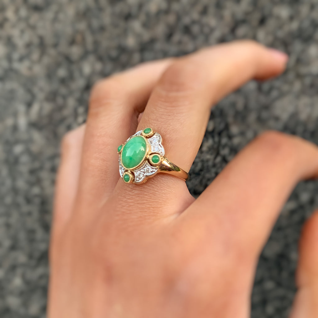 Jade and Diamond Art Deco Reproduction 9ct Yellow Gold Ring | Size N ½