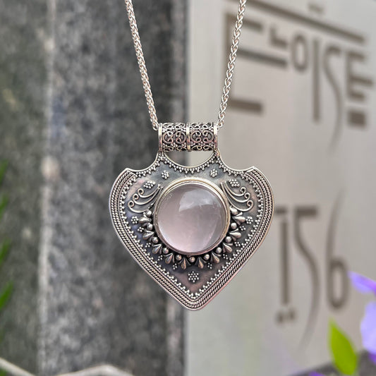 Chunky Bohemian Rose Quartz Sterling Silver Pendant and Chain