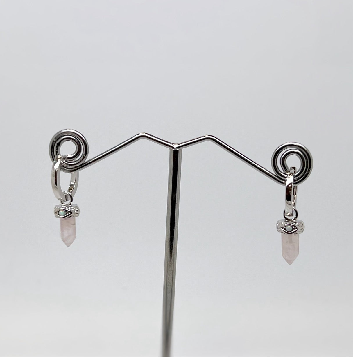 Sterling Silver Rose Quartz Point and Opal Huggie Earrings