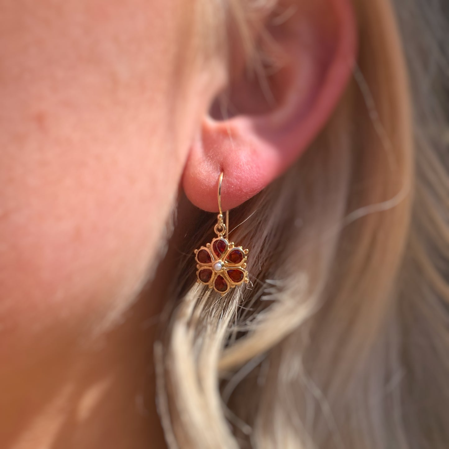 9ct Yellow Gold Garnet and Seed Pearl Floral Drop Victorian Inspired Earrings