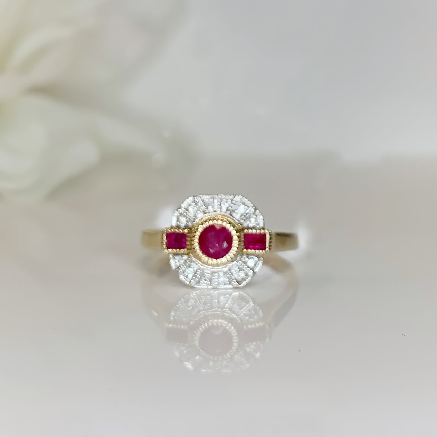 9ct Yellow Gold Art Deco Reproduction Ruby and Diamond Ring – Size N