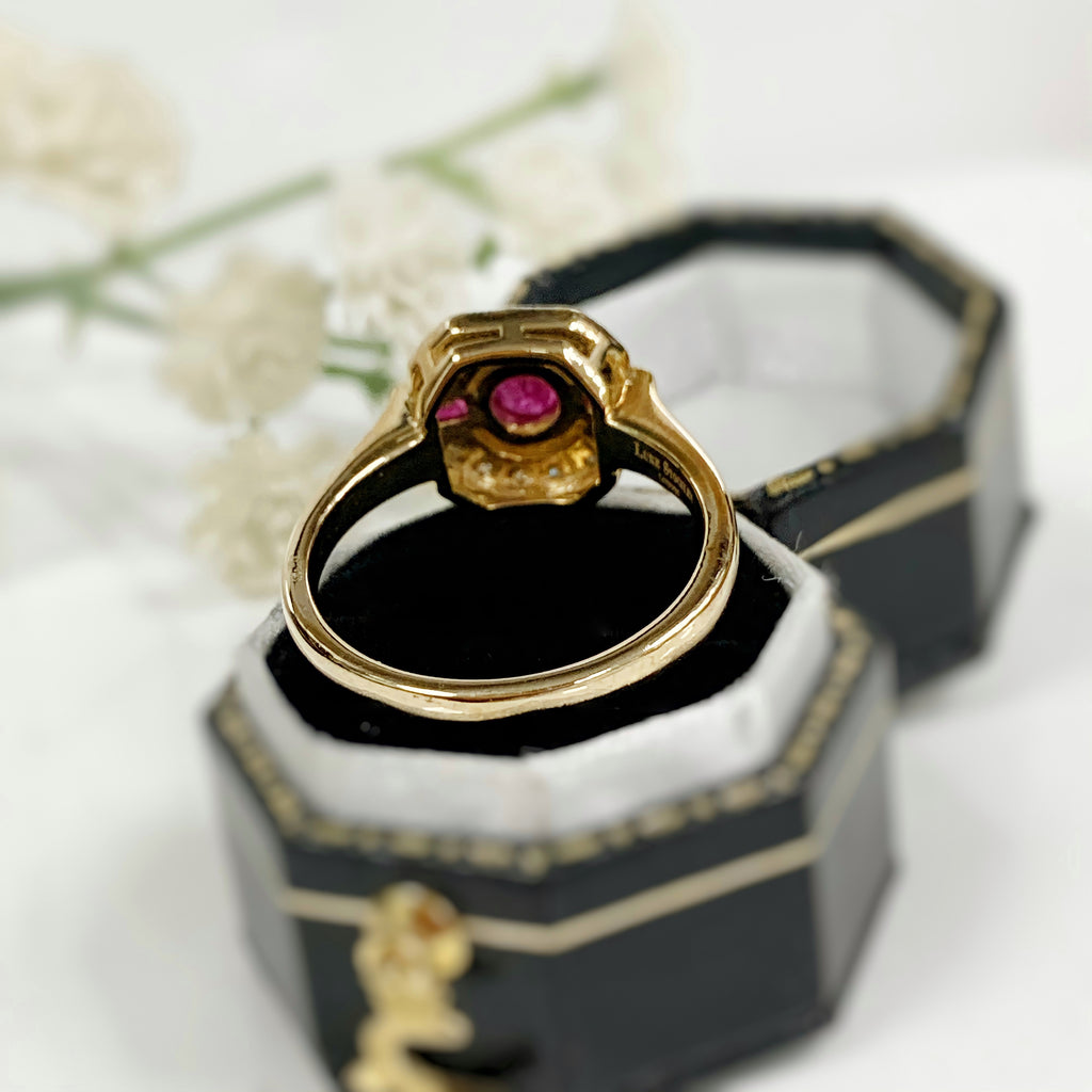Ruby and Diamond Art Deco Reproduction 9ct Yellow Gold Ring | Size N