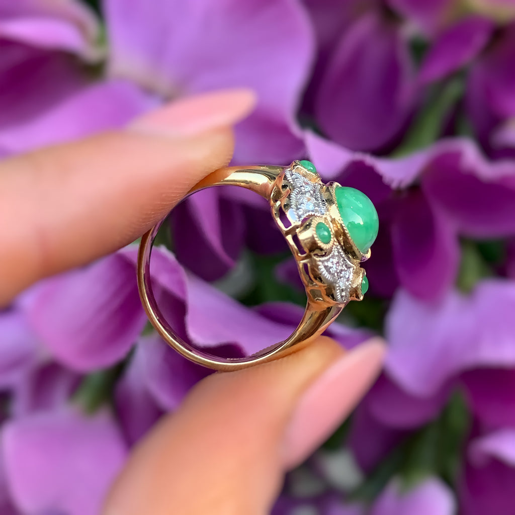 Jade and Diamond Art Deco Reproduction 9ct Yellow Gold Ring | Size N ½