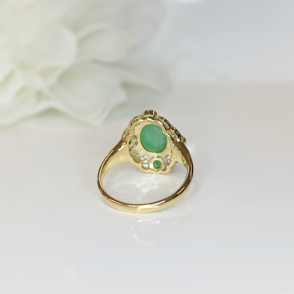 Jade and Diamond Art Deco Reproduction 9ct Yellow Gold Ring | Size N ½